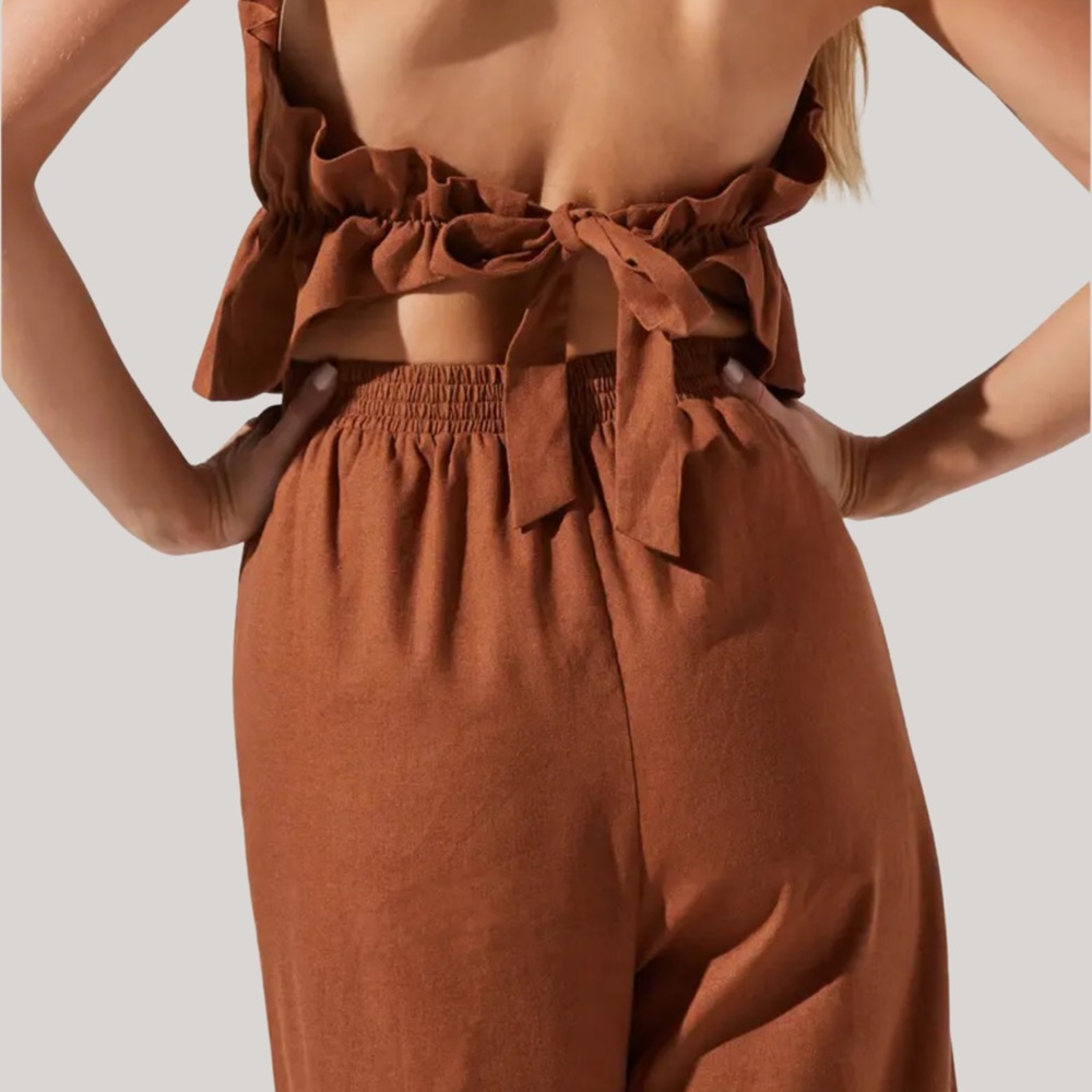 ASTR The Label Ruffle Bodice Tie Back Strapless Cotton Linen Jumpsuit Brown S - Picture 4 of 13